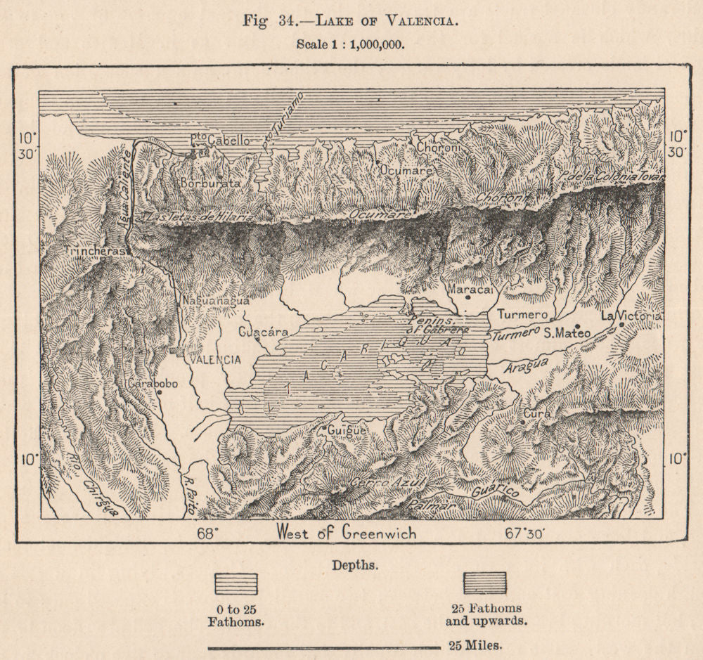 Lake/Lago de Valencia. Carabobo/Aragua, Venezuela 1885 old antique map chart